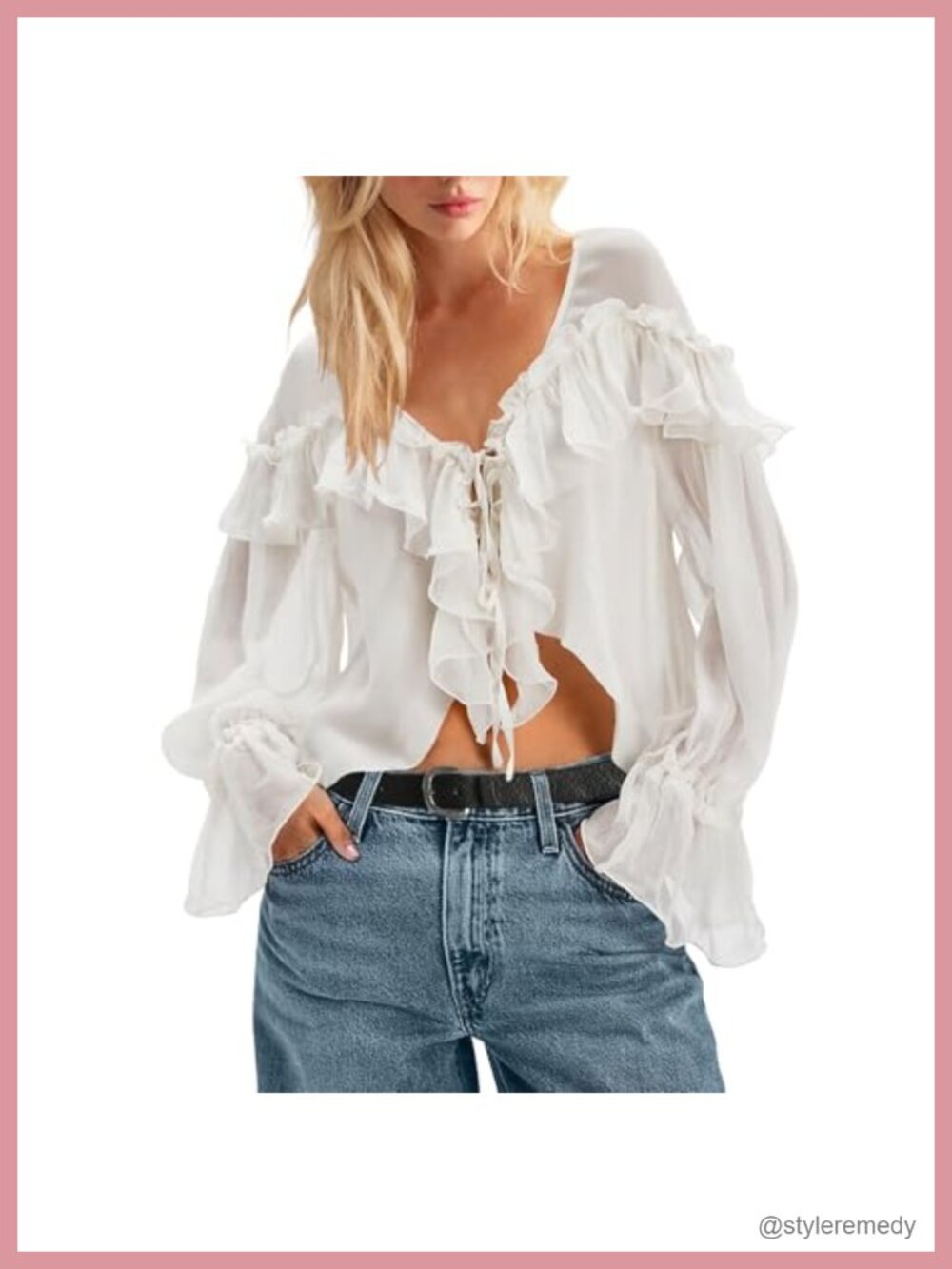 Women's Boho Chiffon Top Lace Tie Front Ruffle Blouse